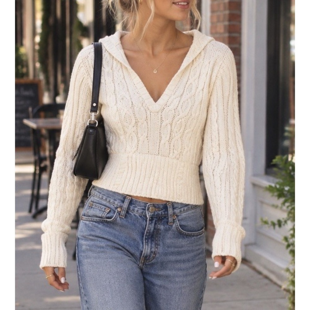 Y2K No Boundaries Cable Knit Deep V Neck Hooded Sweater White Juniors XL